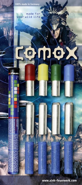 Zink Feuerwerk: Comox Set, Kaliber: 15 mm, 22 Teile, 10 Leucht-Signalsterne, 4 Knatterpatronen